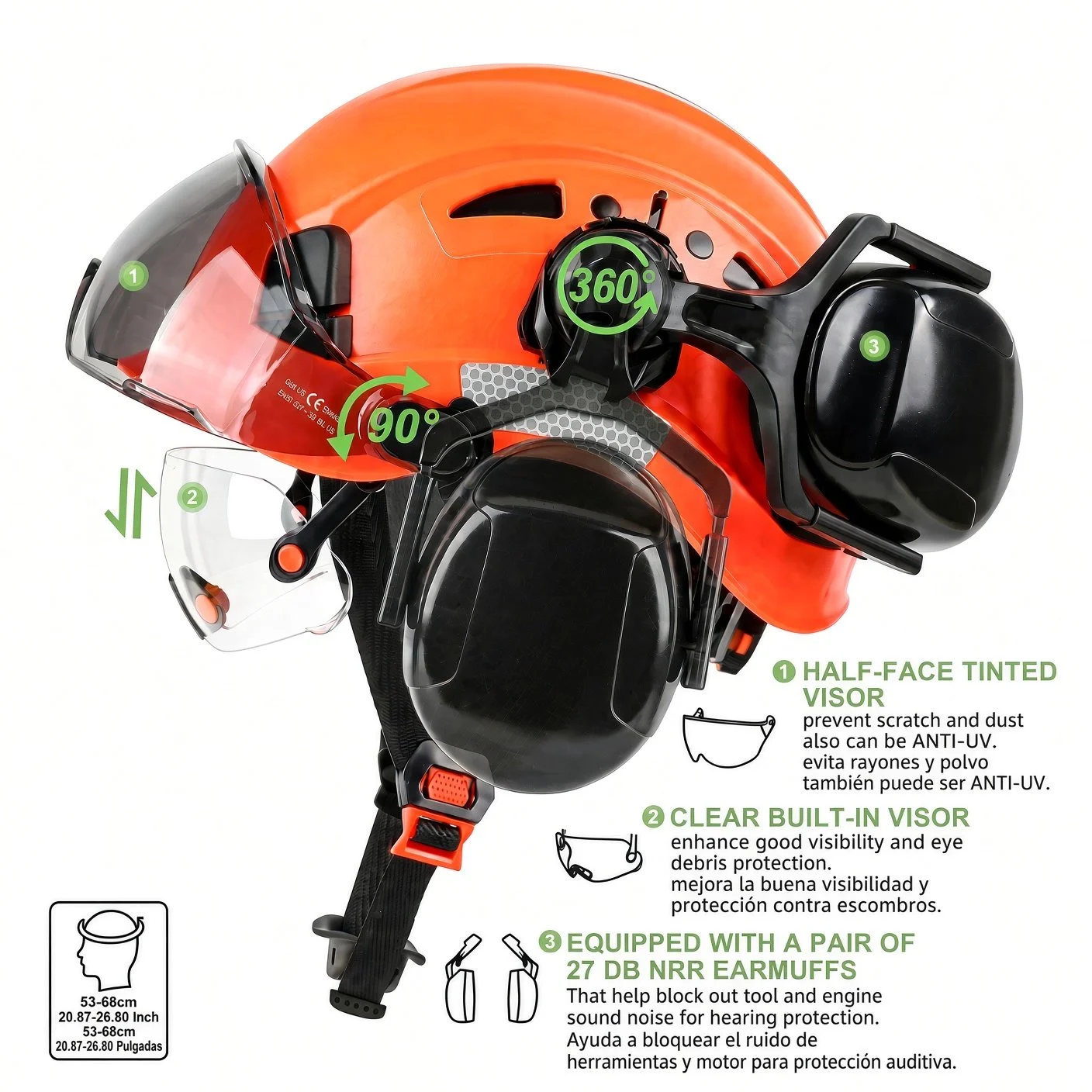 coloured safety helmets with earmuffs and visors in a row