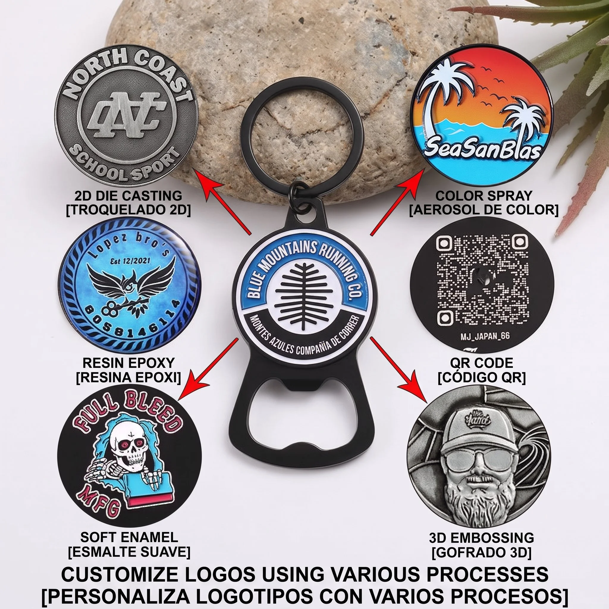 Five custom zinc alloy bottle opener keychains with coloured logos and black openers
