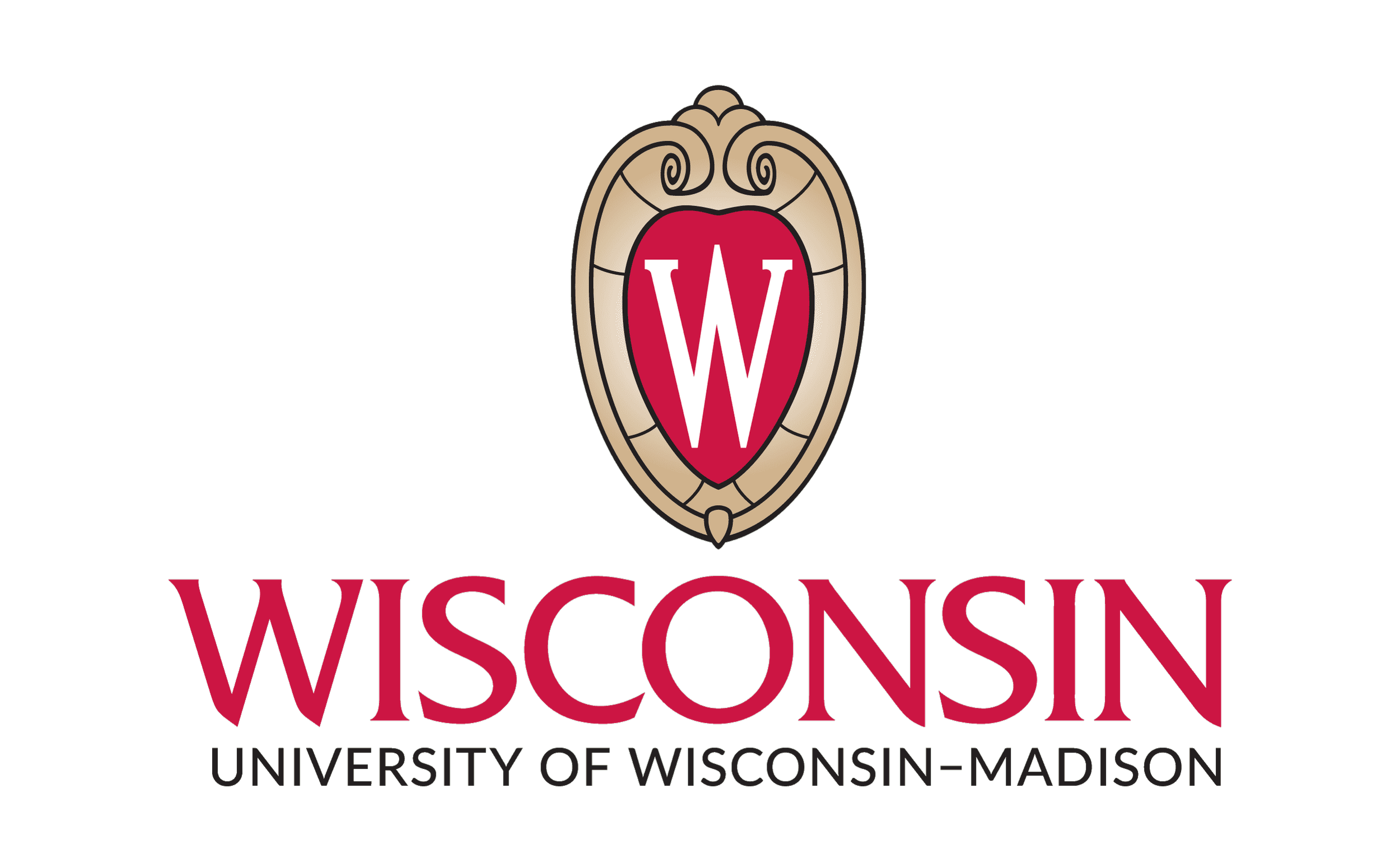 University of Wisconsin-Madison logo featuring a shield with a red W and ornate beige border, accompanied by the text 'Wisconsin' and 'University of Wisconsin-Madison'.