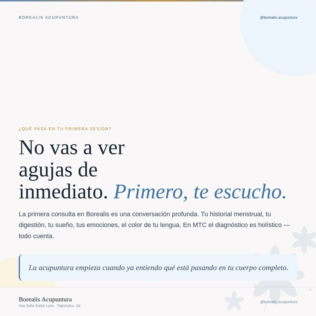 La pregunta m&aacute;s frecuente que me hacen: &ldquo;&iquest;Y qu&eacute; pasa en la primera consulta?&rdquo;

Te cuento c&oacute;mo es en Borealis:

La primera sesi&oacute;n es una conversaci&oacute;n. Larga. Detallada. Te pregunto sobre tu ciclo m