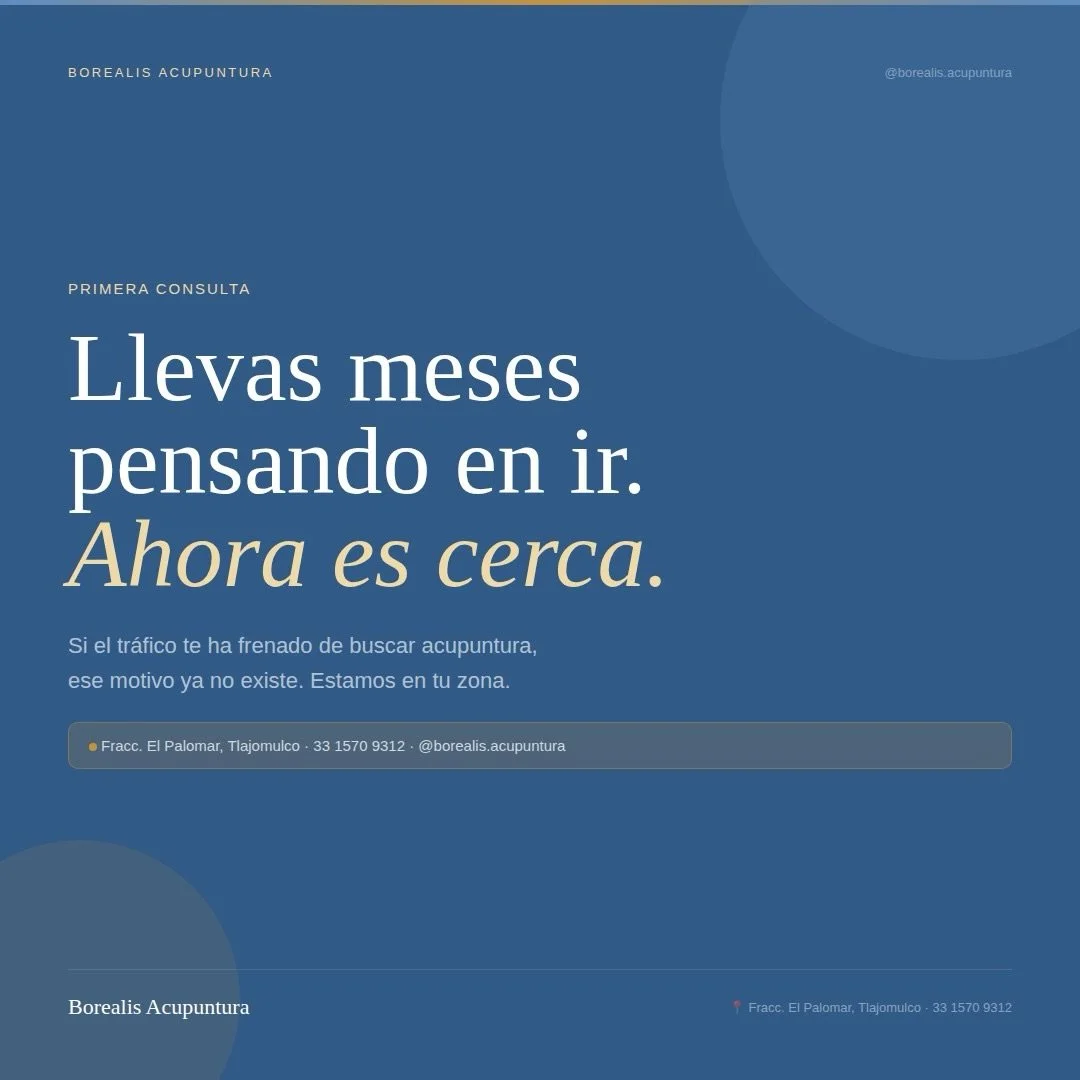 Para las mujeres de Lopez Mateos Sur que llevan tiempo pensando en ir a acupuntura pero que nunca van porque...
&rarr; Est&aacute; muy lejos
&rarr; No les da tiempo entre el trabajo y los hijos
&rarr; El tr&aacute;fico de regreso las desmotiva
&rarr;
