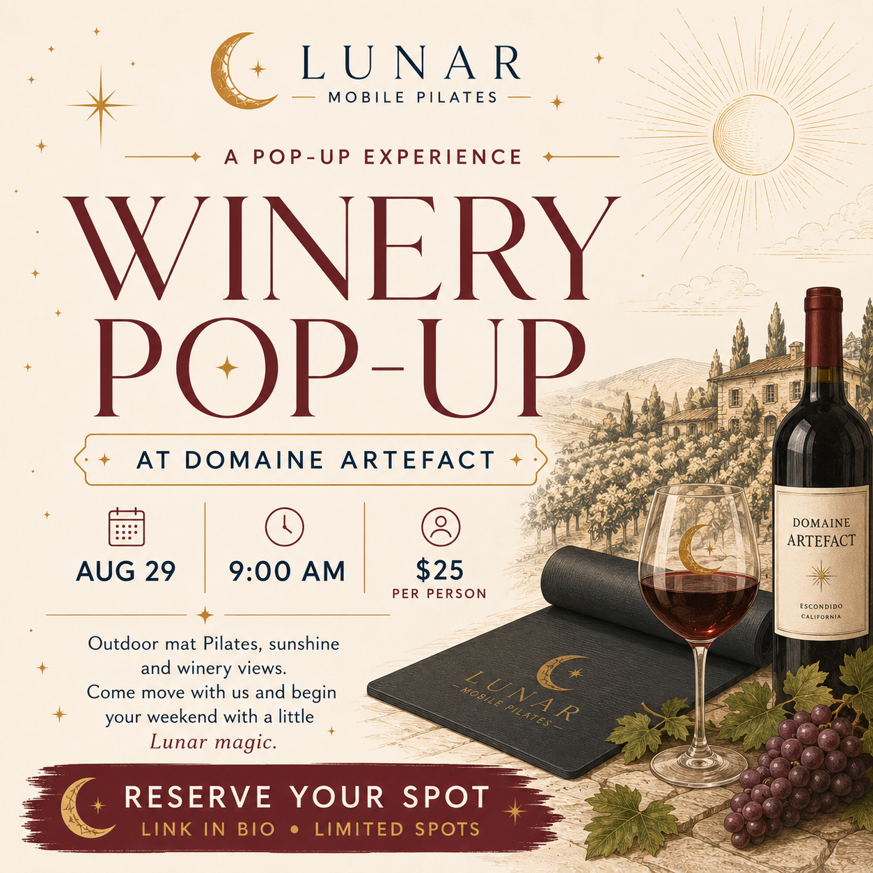 8/29/2026 - Lunar X Domaine Artefact Vineyard & Winery - Pilates Pop-Up!