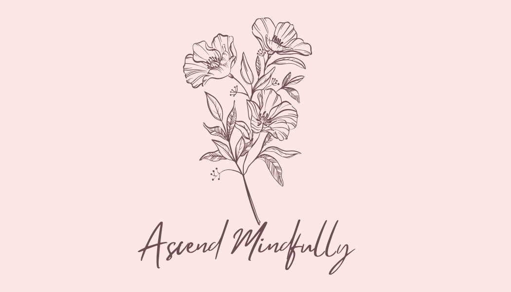A digital illustration of a flower with a light pink background and the words "Ascend Mindfully" written below in cursive.