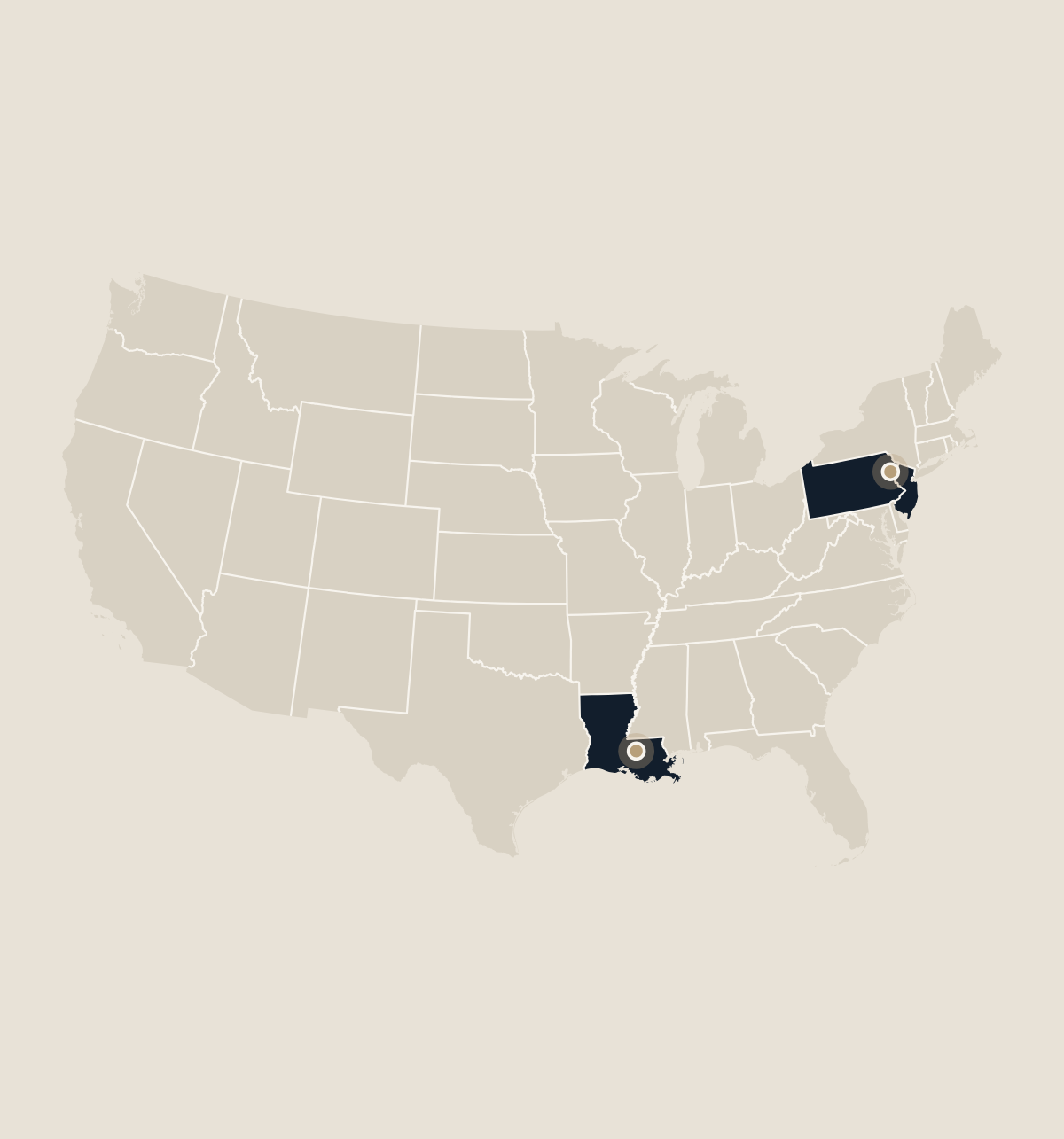 Map of the United States with Pennsylvania, New Jersey and Louisiana highlighted