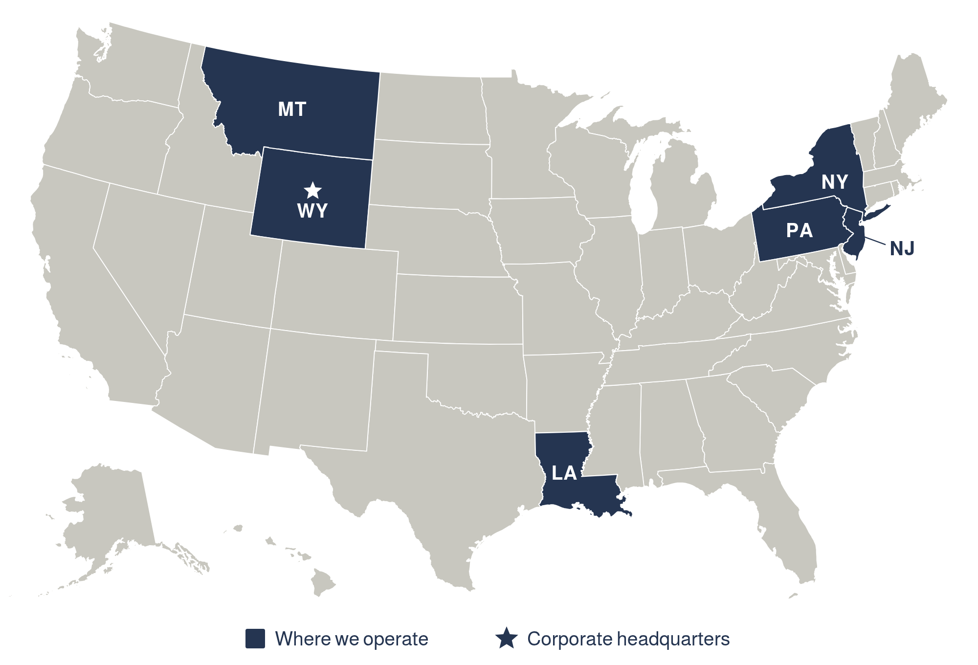 U.S. map highlighting where YBA Holdings operates: Wyoming (corporate headquarters), Montana, Louisiana, Pennsylvania, New York, and New Jersey