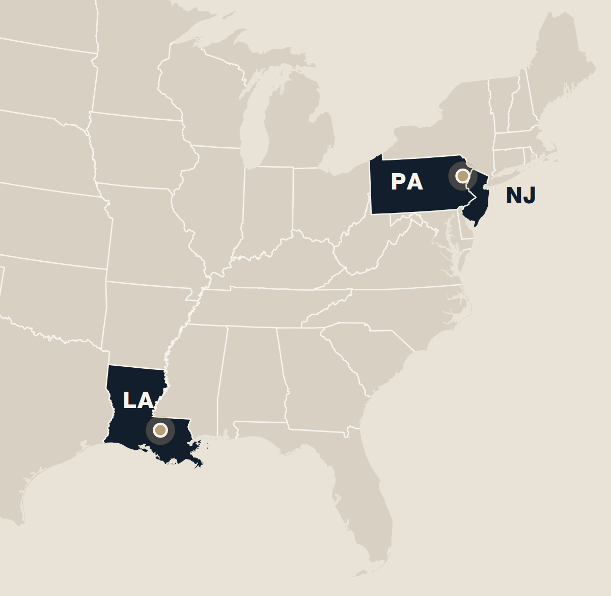 Map of the eastern United States with Pennsylvania, New Jersey and Louisiana highlighted