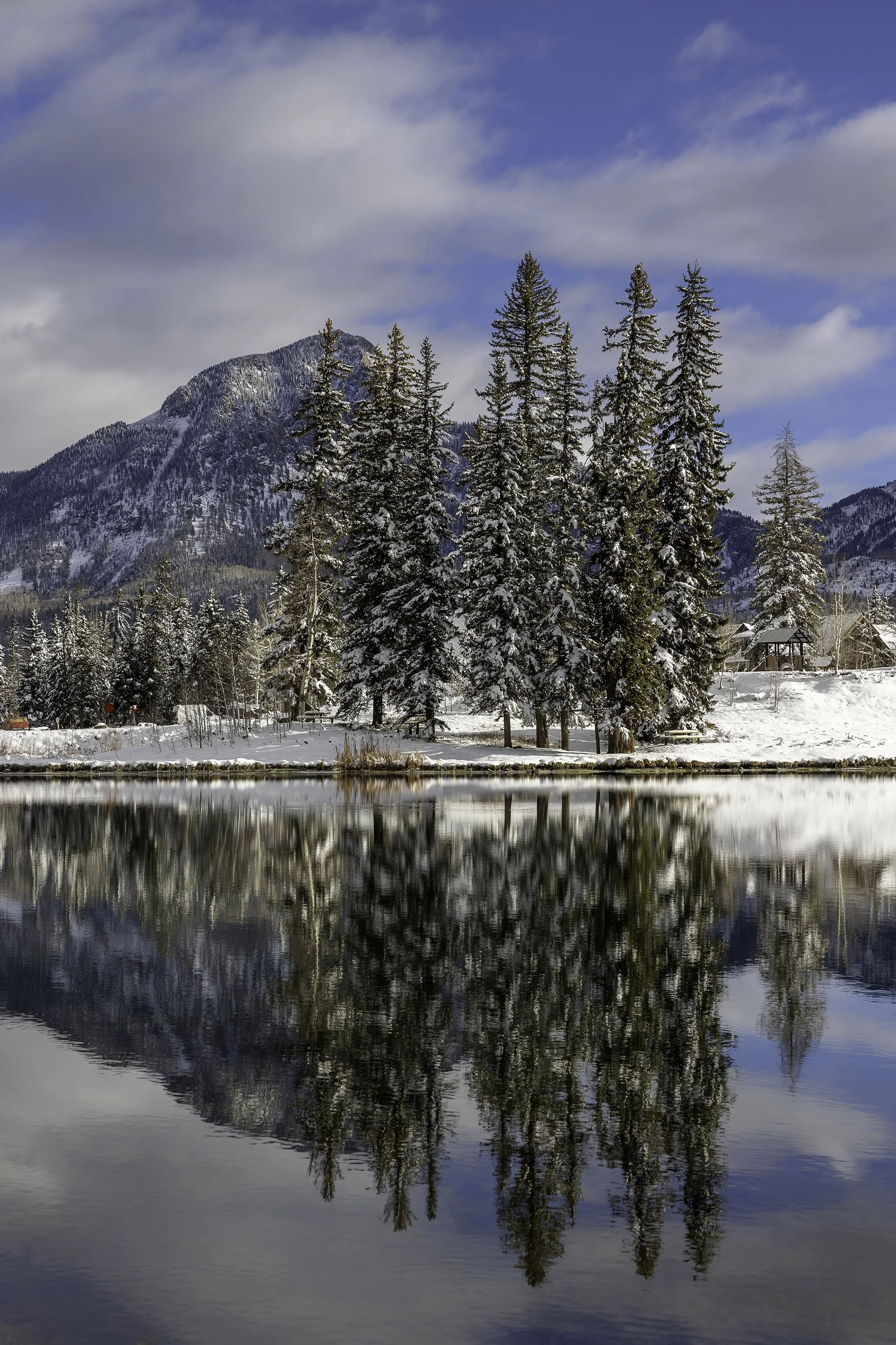 Snow-covered trees near a mountain with a clear reflection in a calm lake under a partly cloudy sky.
