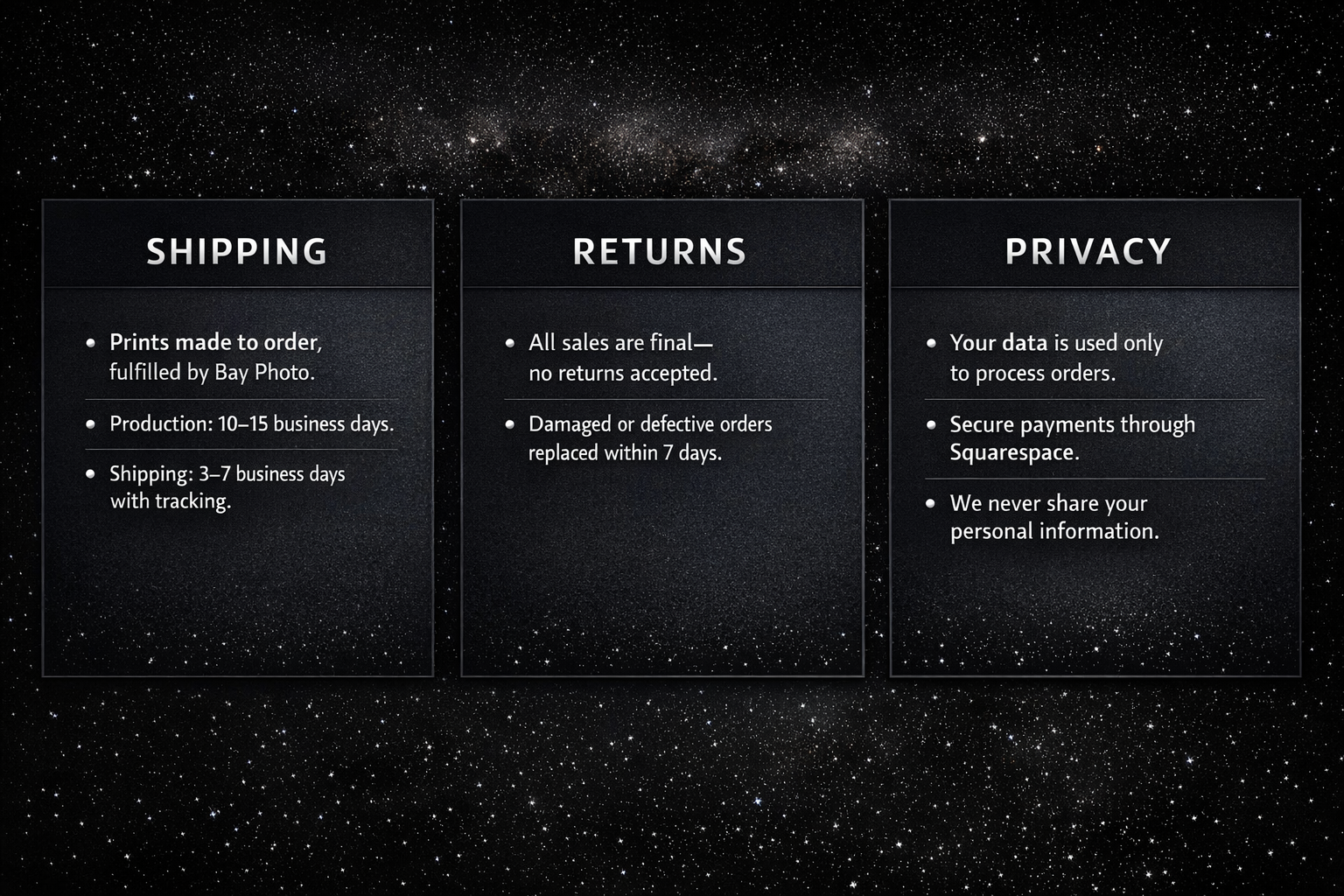 Information about shipping, returns, and privacy policies on a black starry background with three columns of text.