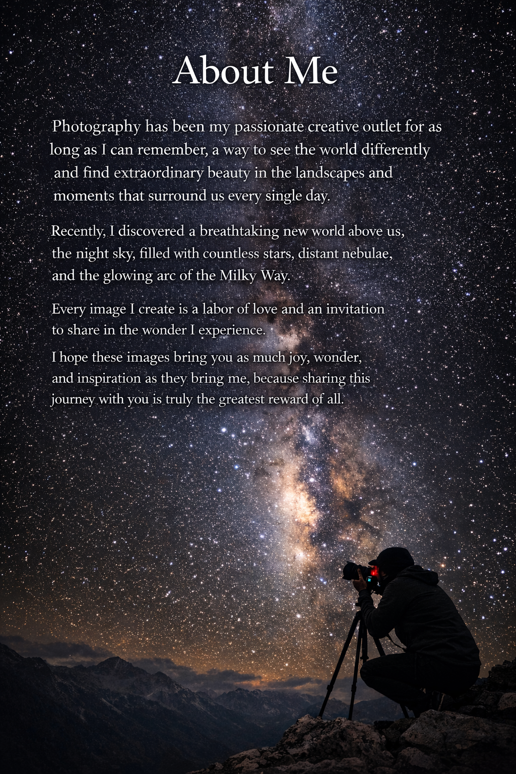 A person taking a photograph of the night sky and the Milky Way galaxy from a mountainous landscape.