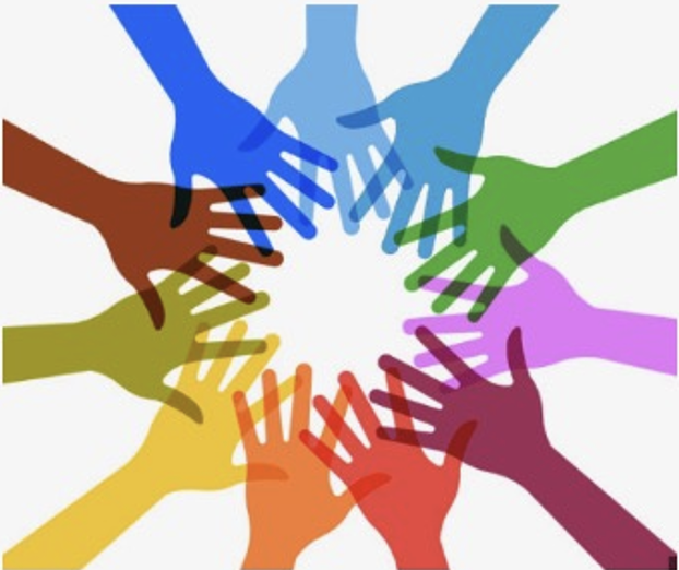 Multiple colorful hands reaching toward the center, symbolizing unity and teamwork.