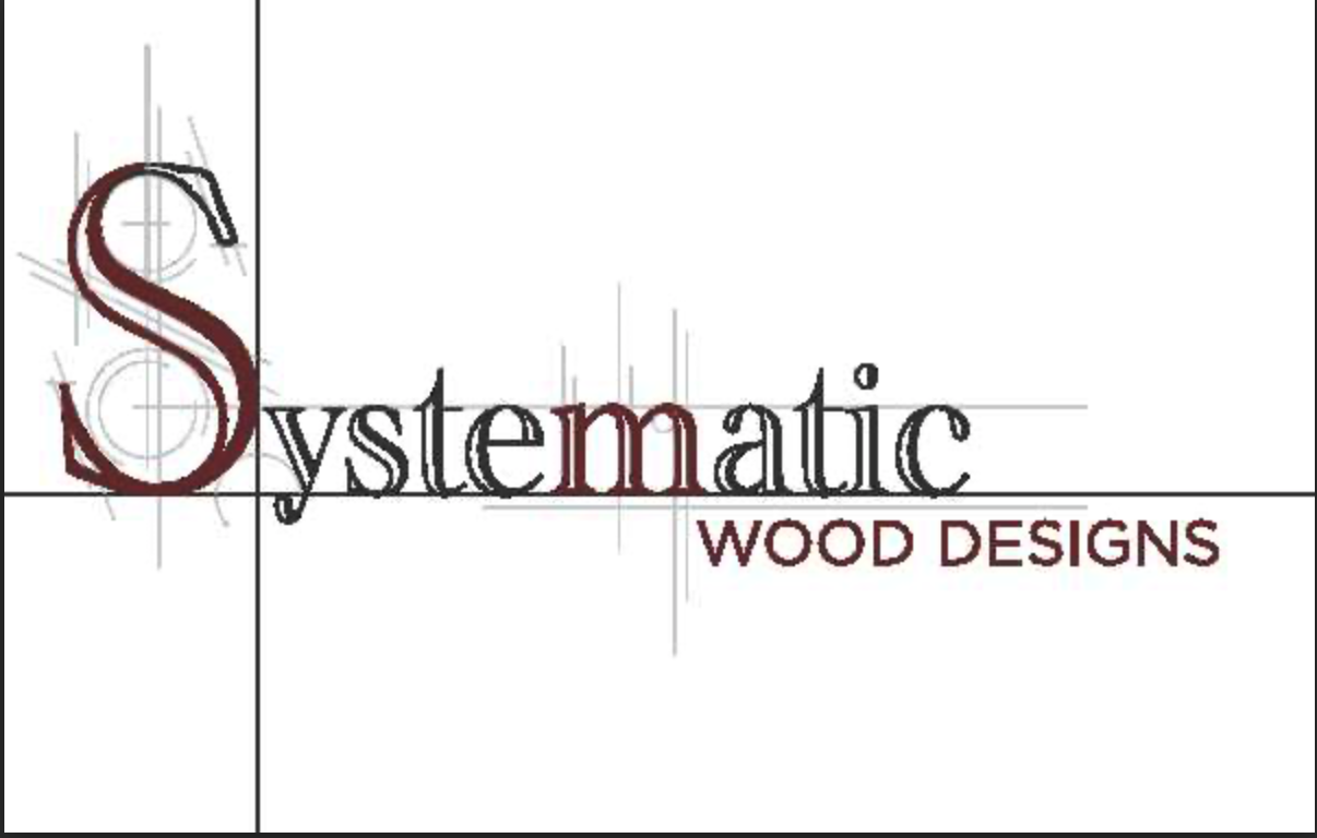 Logo for Systematic Wood Designs featuring stylized text with grid and technical drawing elements.