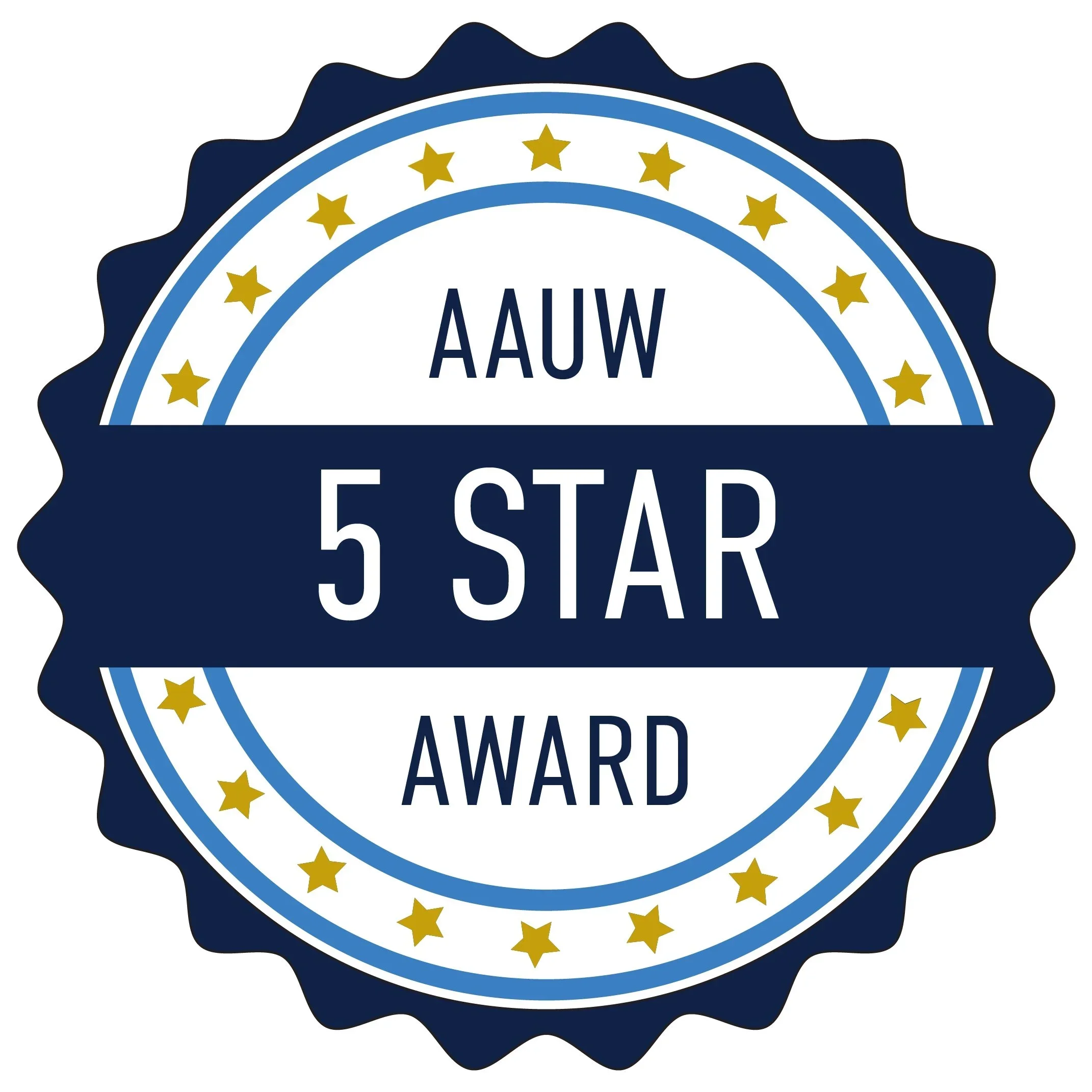 Award badge with a scalloped edge, featuring a circular ribbon design with golden stars and the text 'AAUW 5-STAR AWARD' in the center.