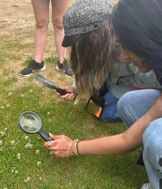 Two women examining small insects or bugs on grass with magnifying glasses, while standing and kneeling outside.