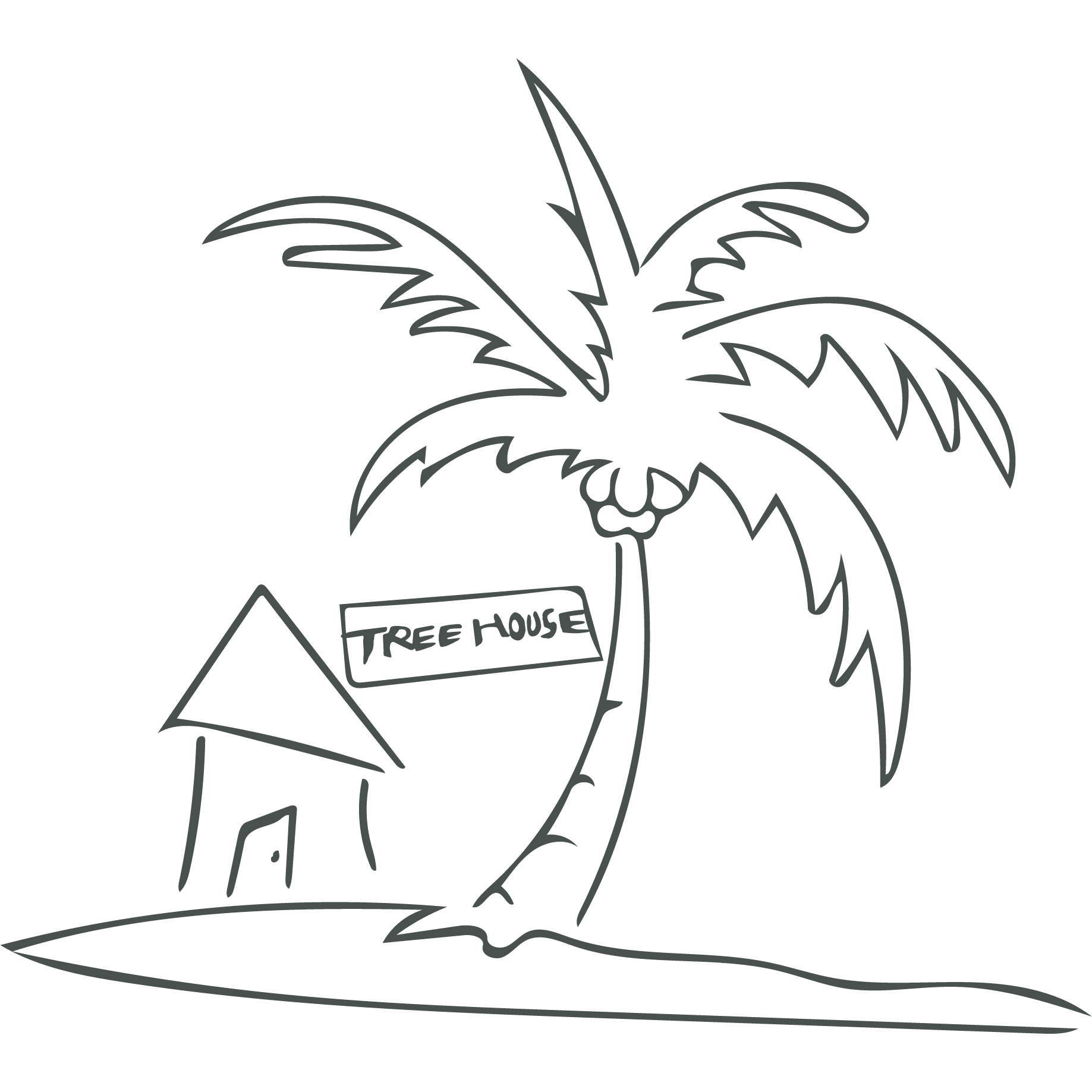Line drawing of a palm tree with a house and a sign that reads 'Tree House' underneath.
