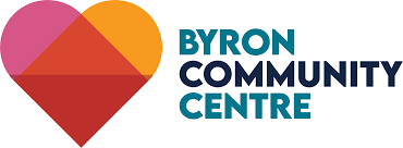 Logo of Byron Community Centre featuring a geometric heart shape with shades of pink, orange, and red, and the name of the centre in blue and black text.