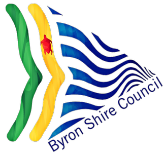 Byron Shire Council logo featuring stylized green, yellow, and blue waves with a red crab design on the yellow wave.