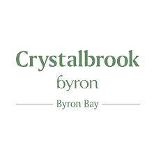 Text saying 'Crystalbrook byron' and 'Byron Bay' in green font on a white background