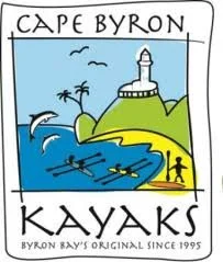 Drawing of Cape Byron with a lighthouse, palm trees, hills, and kayakers on water, with figures of people kayaking. Text reads 'Cape Byron Kayaks' and 'Byron Bay's Original Since 1995'.