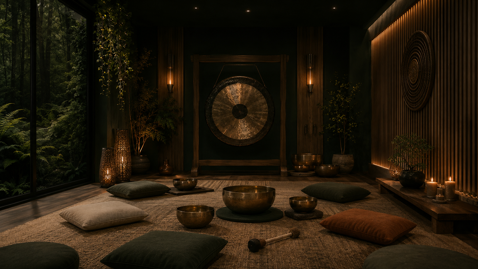 A meditation room with a large gong in the center, surrounded by meditation cushions, bowls, and plants, lit by candles and warm lighting, with a view of lush greenery outside.