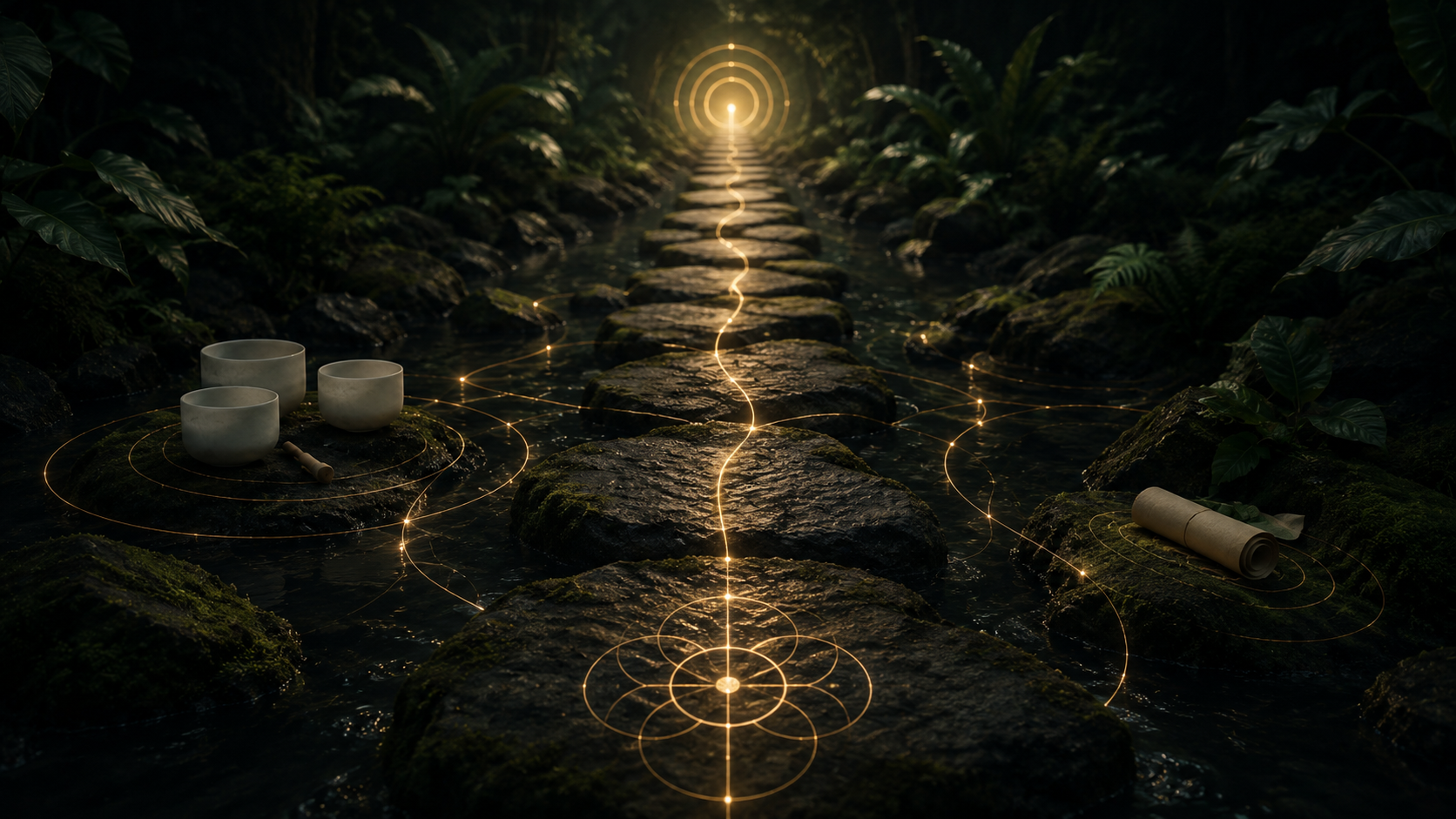 A mystical, glowing pathway made of stones runs through a dark, lush forest. The pathway is illuminated with golden light patterns and energy orbs. On the left side, there are three white crystal singing bowls and a wooden striker. On the right side, there is a rolled-up scroll and some green foliage.