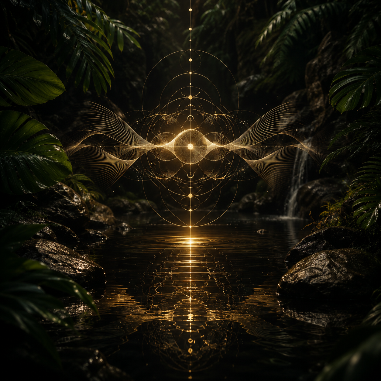 Digital artwork of glowing golden geometric patterns over a jungle stream with rocks and lush green foliage.