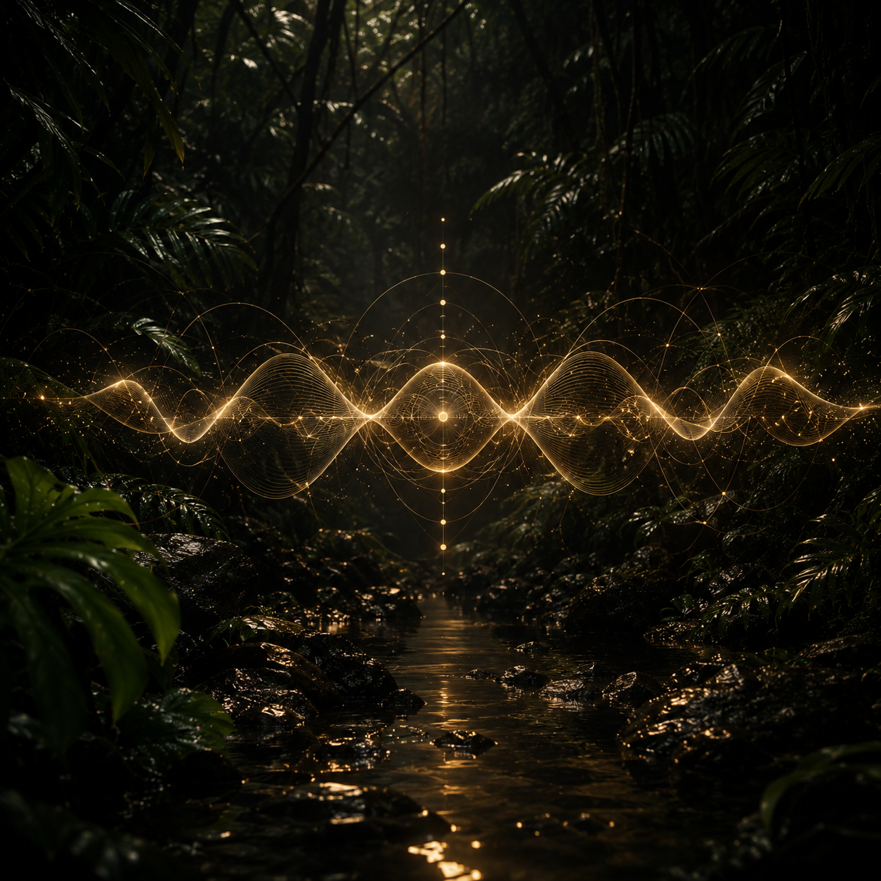 A dark forest scene with dense foliage and a small river, illuminated by a glowing digital wave pattern in the center.