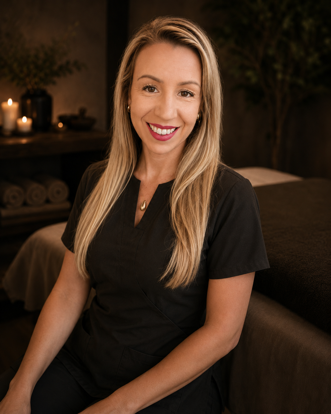 A smiling woman with long blonde hair wearing a black uniform sitting in a spa or massage room with candles and rolled towels in the background.