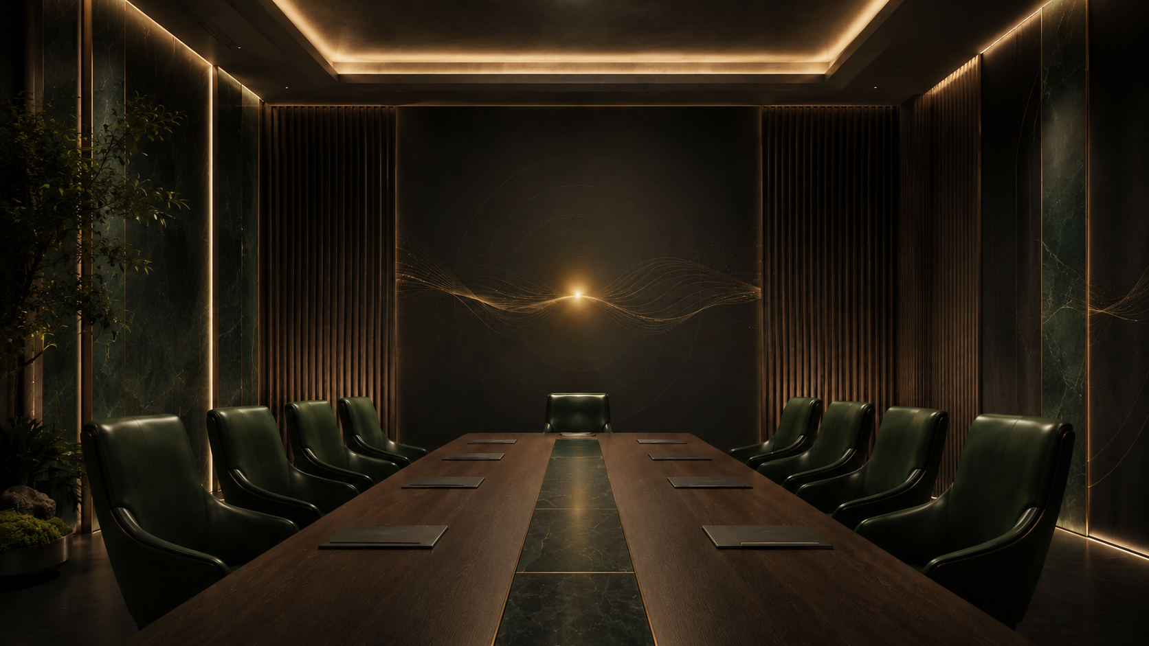 A modern conference room with a long wooden table and black leather chairs, illuminated by warm lighting, with a dark wall featuring a glowing abstract design.