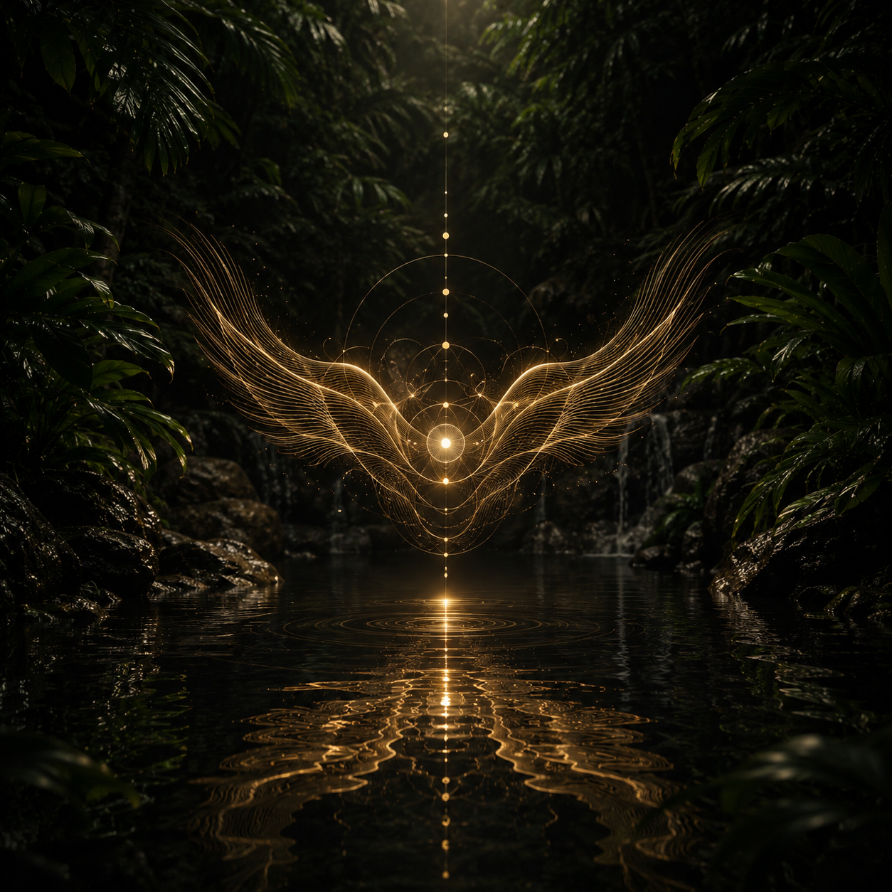 Digital artwork of glowing golden wings with intricate lines and circular patterns, reflected on water in a lush, dark jungle setting.