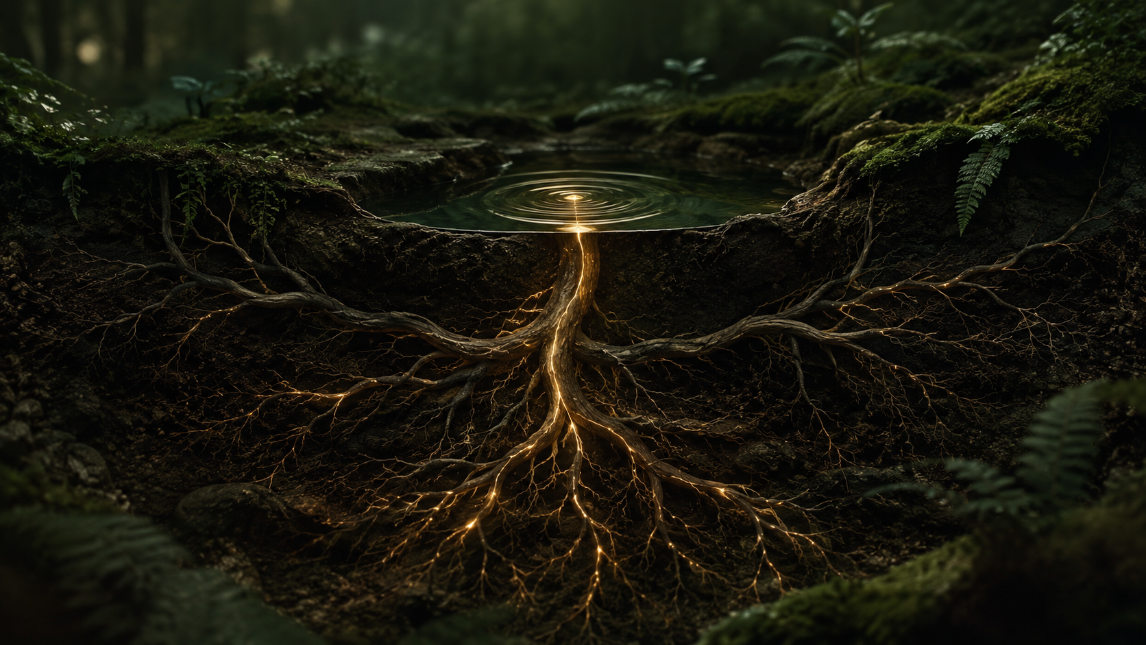 Cross-section of a forest with a small pond on top. The tree roots extend downward, glowing with golden light, creating a network beneath the soil. Lush green ferns are visible around the pond in a dense forest setting.