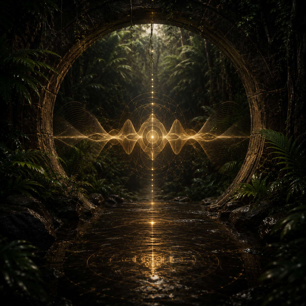 A mystical scene of a forest at the end of a stream, with a large stone arch bridge overhead. Golden glowing geometric patterns and sound wave visuals are superimposed in the center, creating a surreal and futuristic atmosphere.