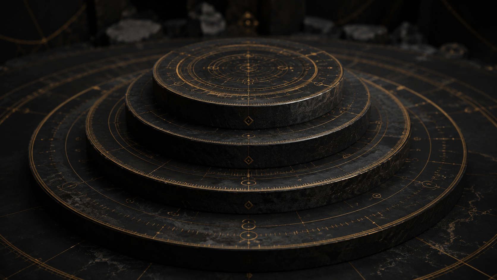 A black, multi-tiered circular platform with gold geometric markings and lines, resembling a celestial or astrological chart.