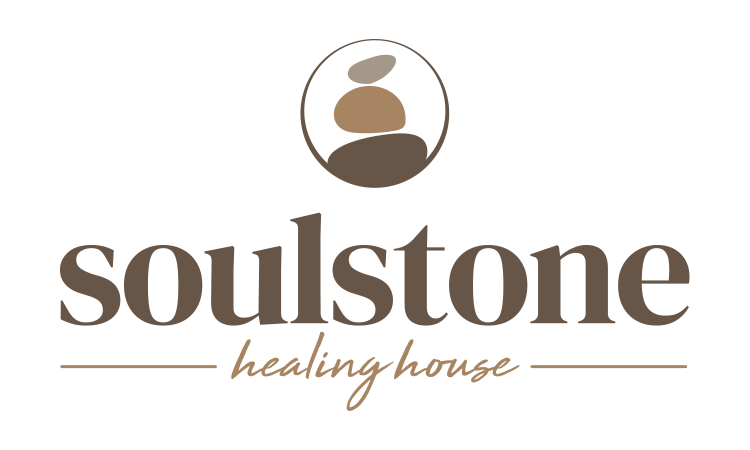 Logo for Soulstone Healing House featuring a circular abstract stone design above the words 'soulstone' in large font and 'healing house' in cursive below, with horizontal lines.