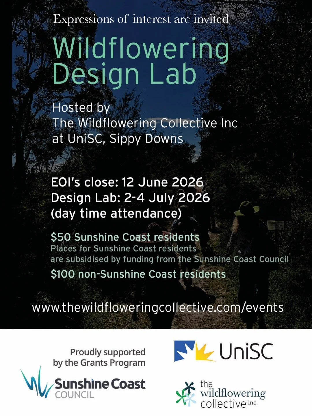 Expressions of Interest close for the Wildflowering Design Lab on Friday, June 12. 

Visit our Events page for details of how to join us for three days of walking, wildflowering, and patterning. 

Hosted at the UniSC Maker Space, July 2-4 2026 (dayti