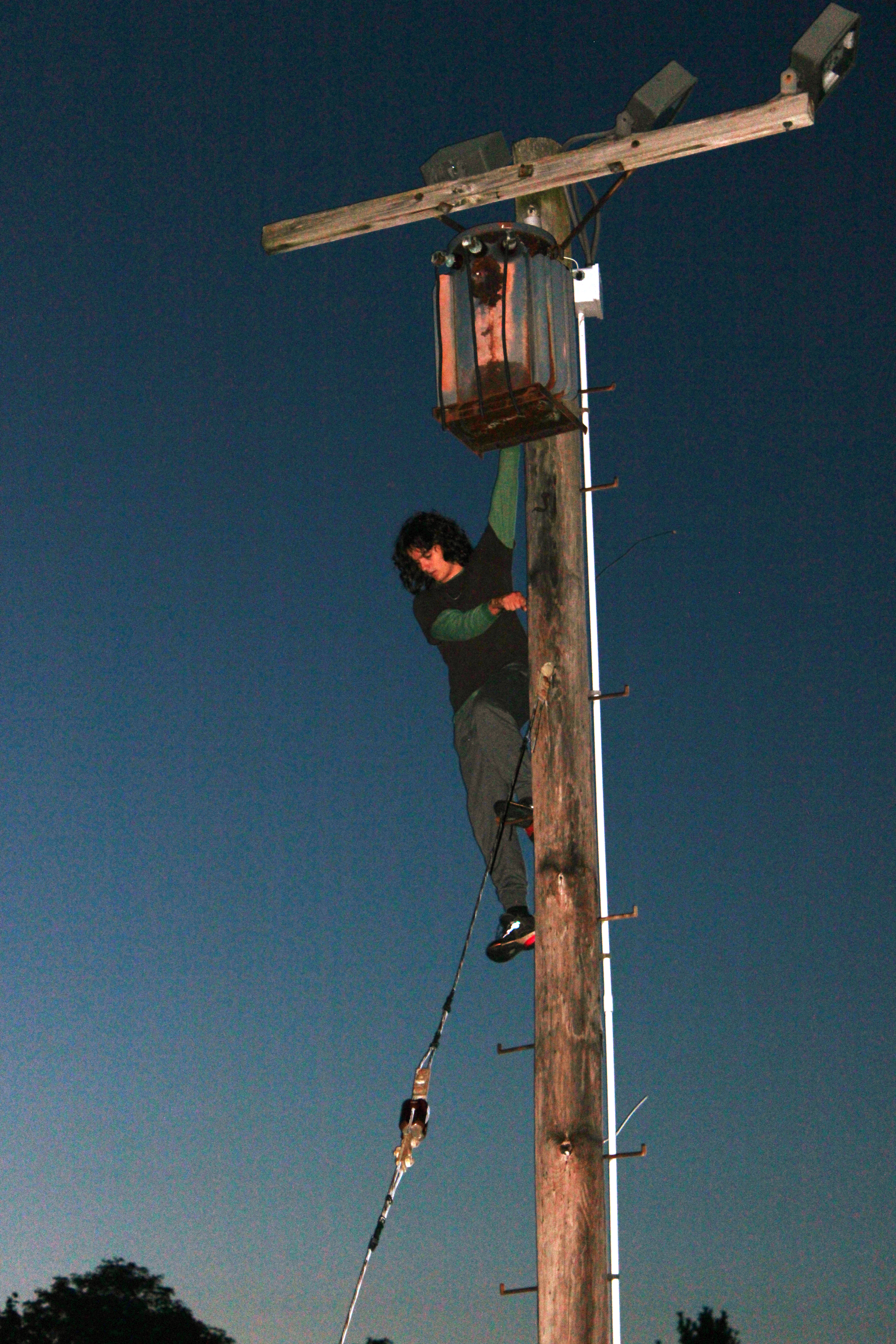 A person with curly hair climbing a wooden utility pole at dusk, holding onto a safety harness line, with electricity equipment at the top of the pole.