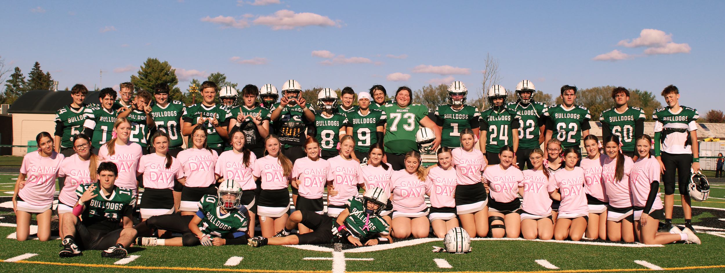 A group of football players in green and black uniforms and cheerleaders in pink shirts and black skirts posing on a football field under a blue sky with some clouds.