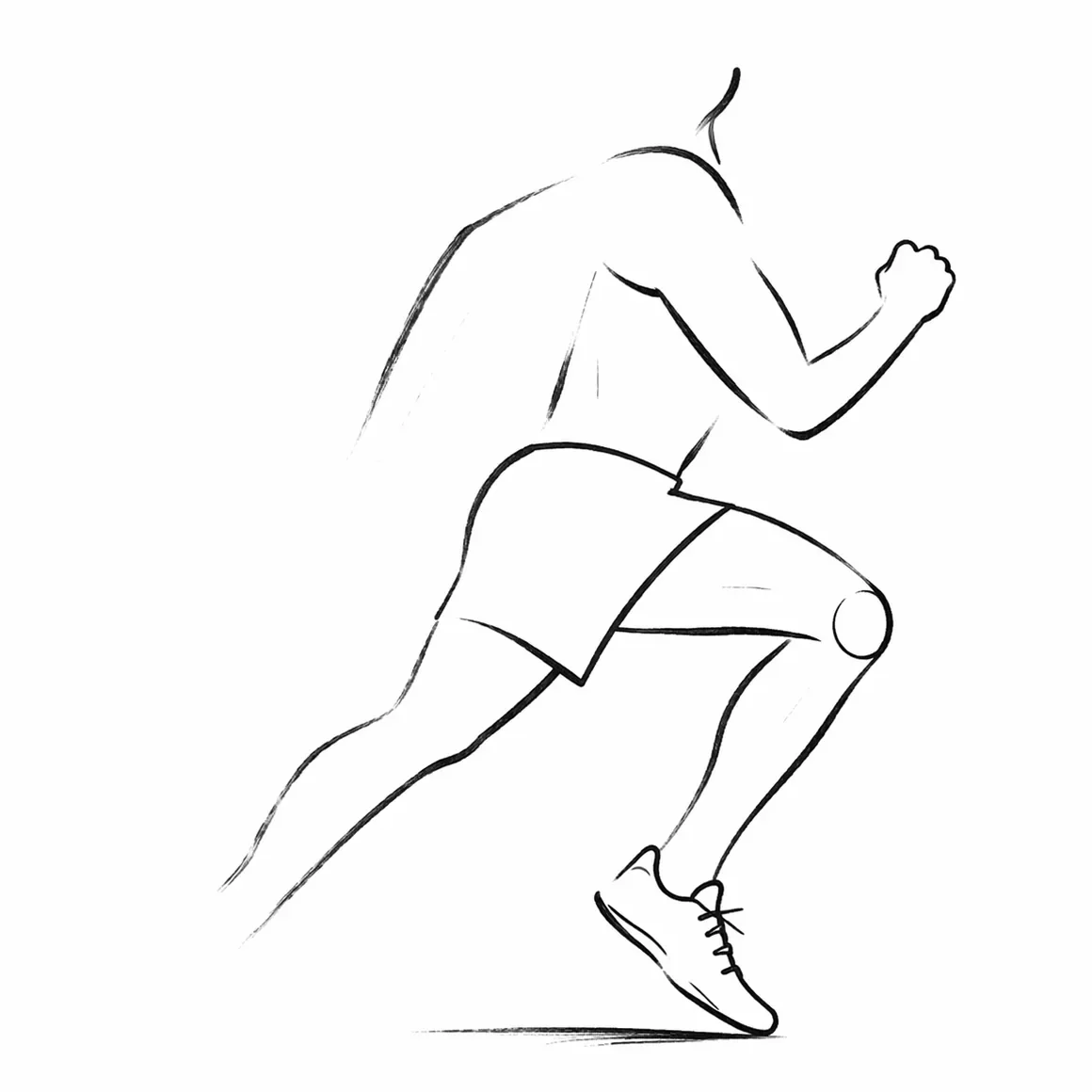 Line drawing of a runner used to illustrate sports medicine and lower extremity biomechanics.