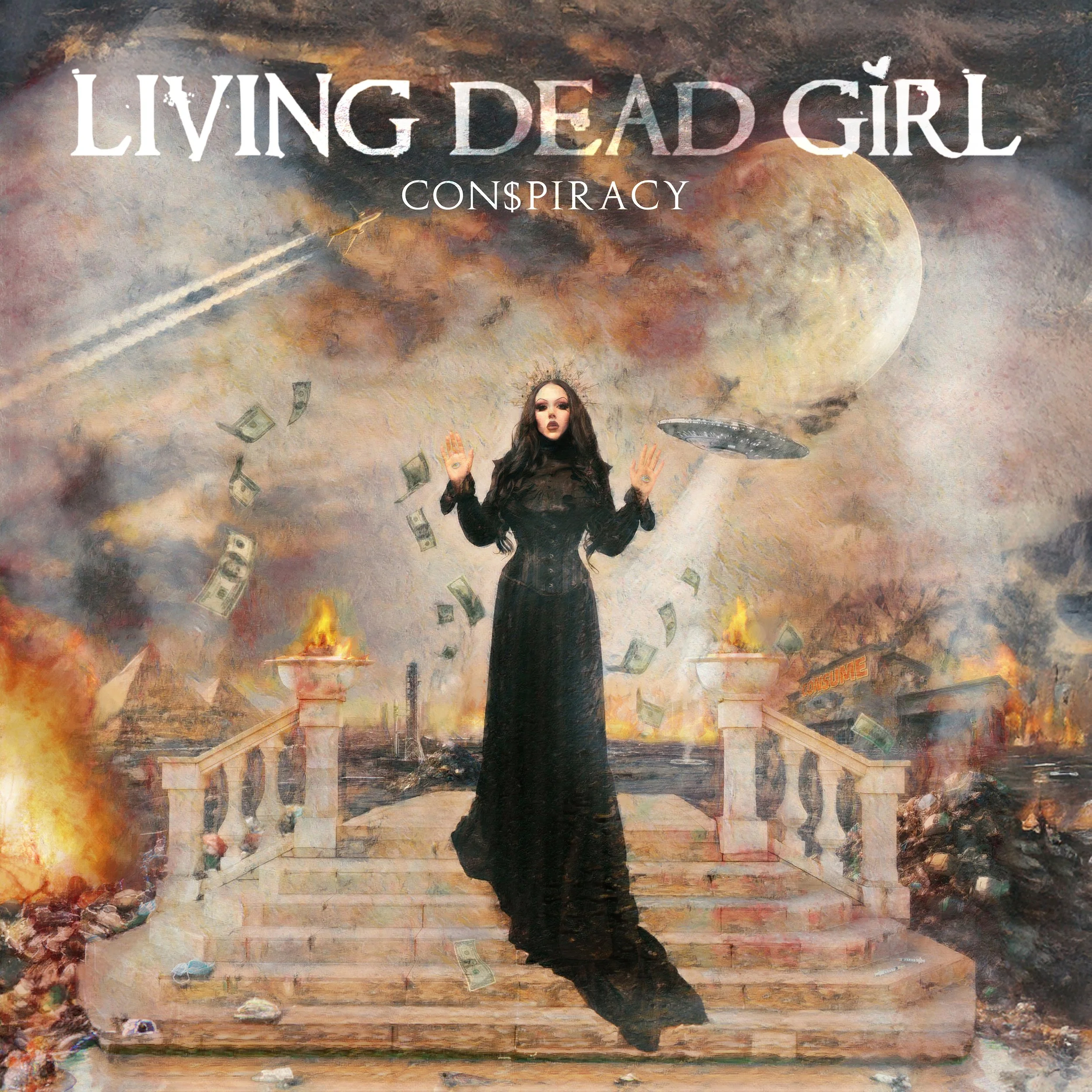 A surreal painting saying "Living Dead Girl Conspiracy" with a woman holding up her hands and money falling around her, set against a background of clouds, flames, and spaceships.