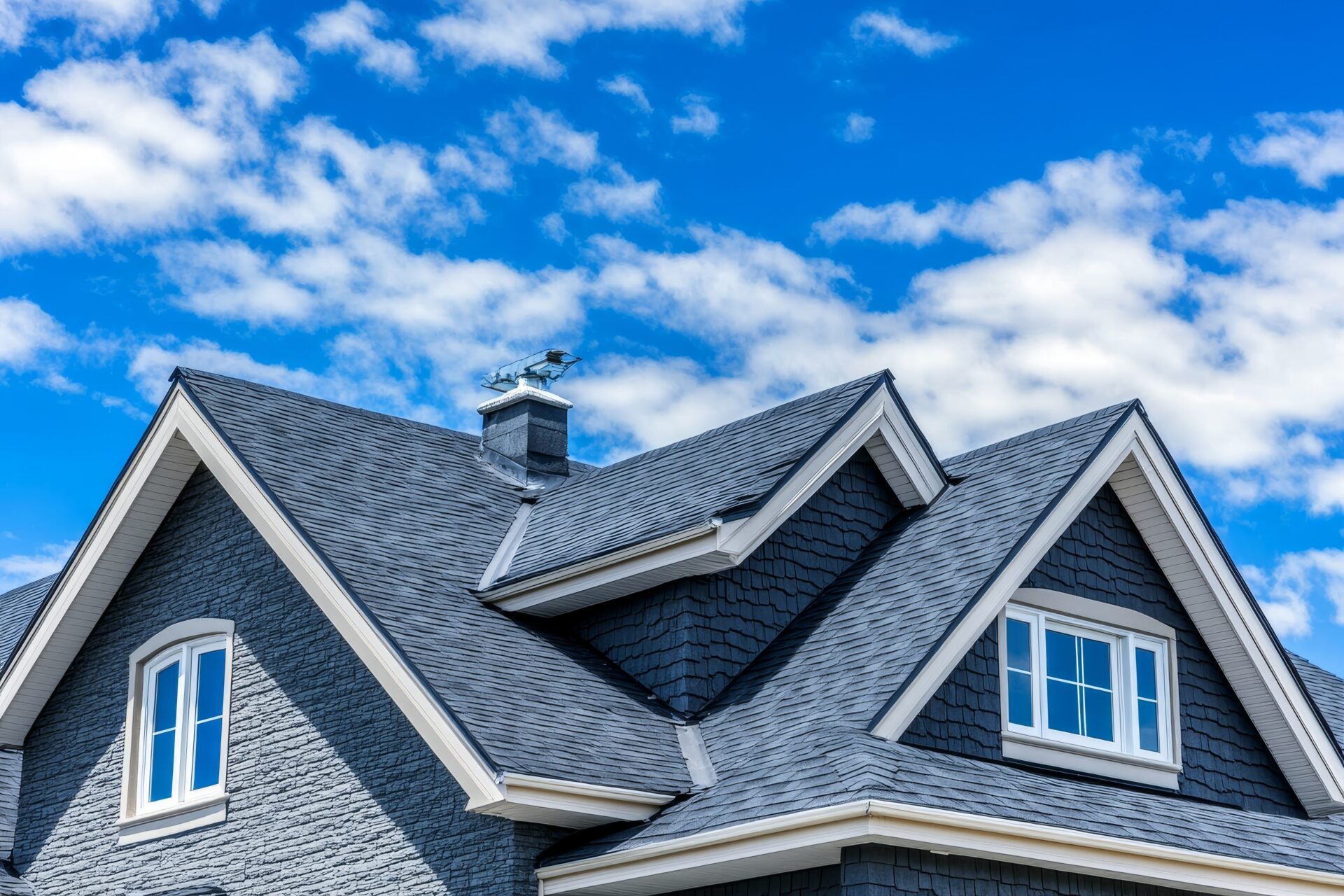 Close-up view of a house's roof with dark shingles and windows, against a bright blue sky with scattered white clouds.