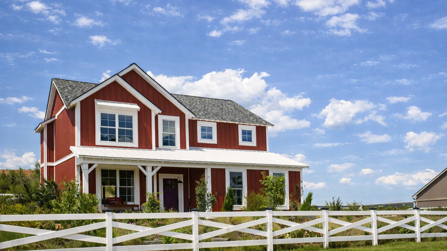 Red two-story farmhouse with white trim, gray shingle roof, front porch, white picket fence, greenery, blue sky with scattered clouds.