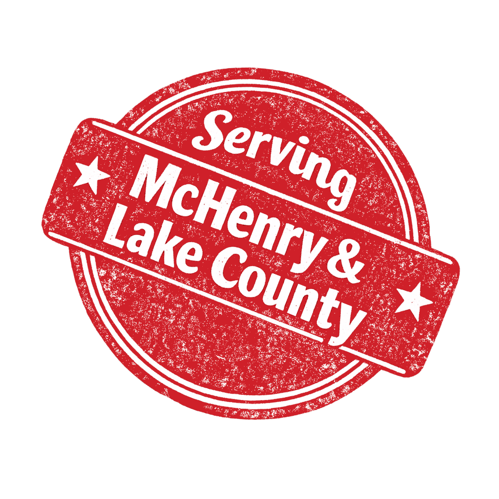 Red circular stamp with white text that reads "Serving McHenry & Lake County" and two small stars on either side.