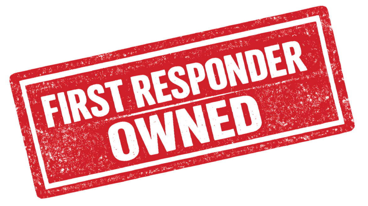 Red rubber stamp with white text stating "First Responder Owned"