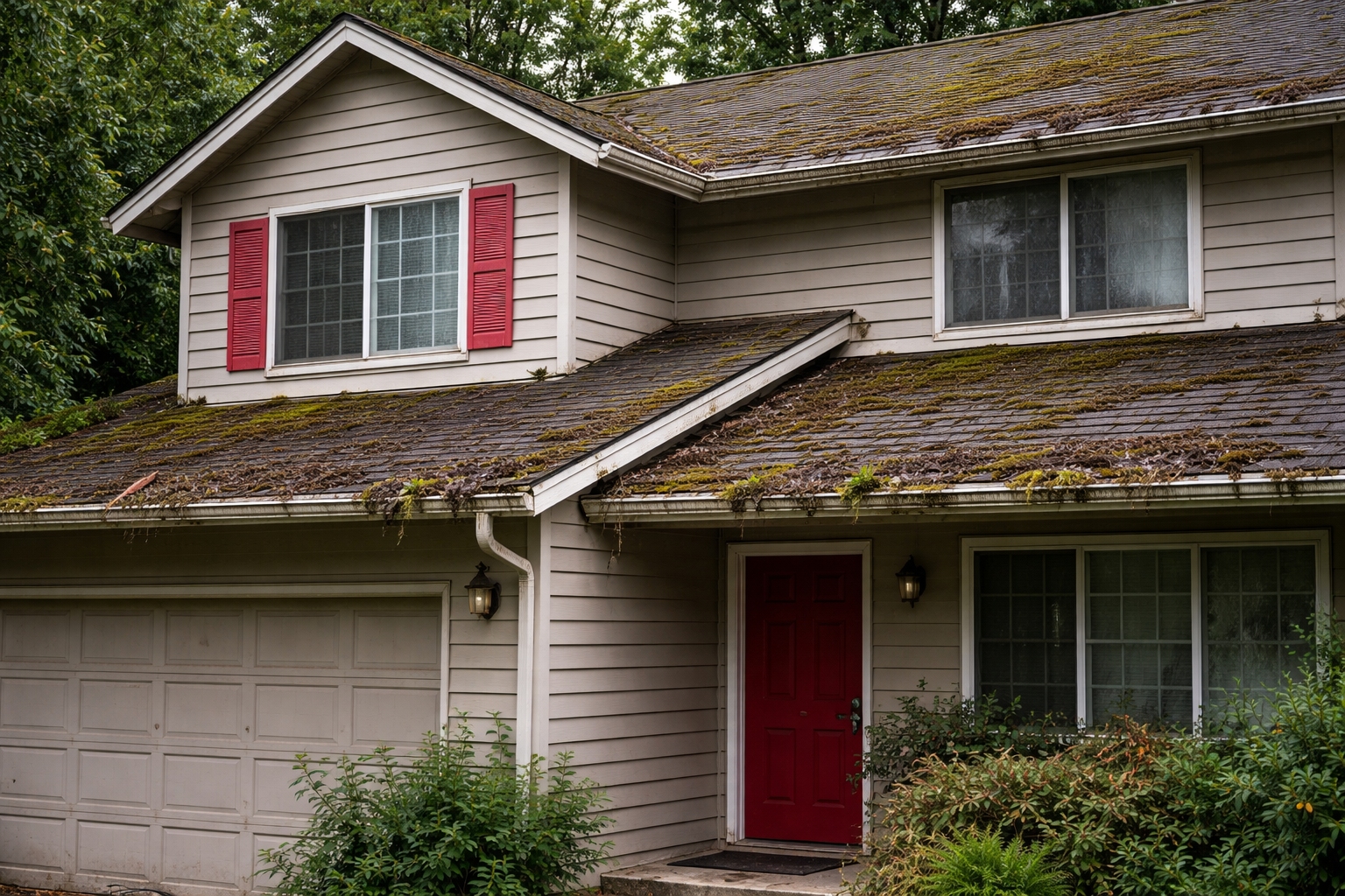 A two-story house with white siding, a red front door, and a double garage door. The roof has moss and dirt, and there are two trees with green leaves in the background.