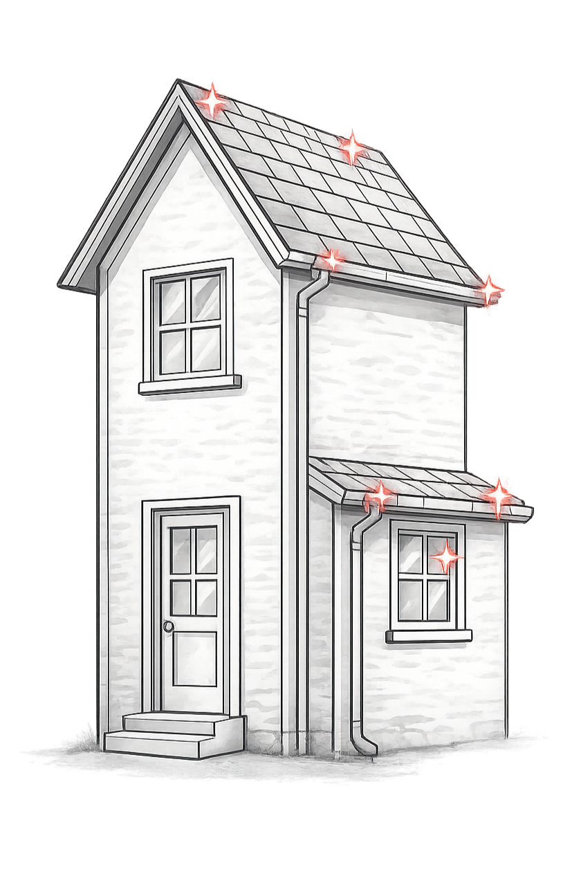 A black-and-white illustration of a two-story house with a pitched roof, two windows, a front door with steps, and a small porch, with red sparkles highlighting the house.
