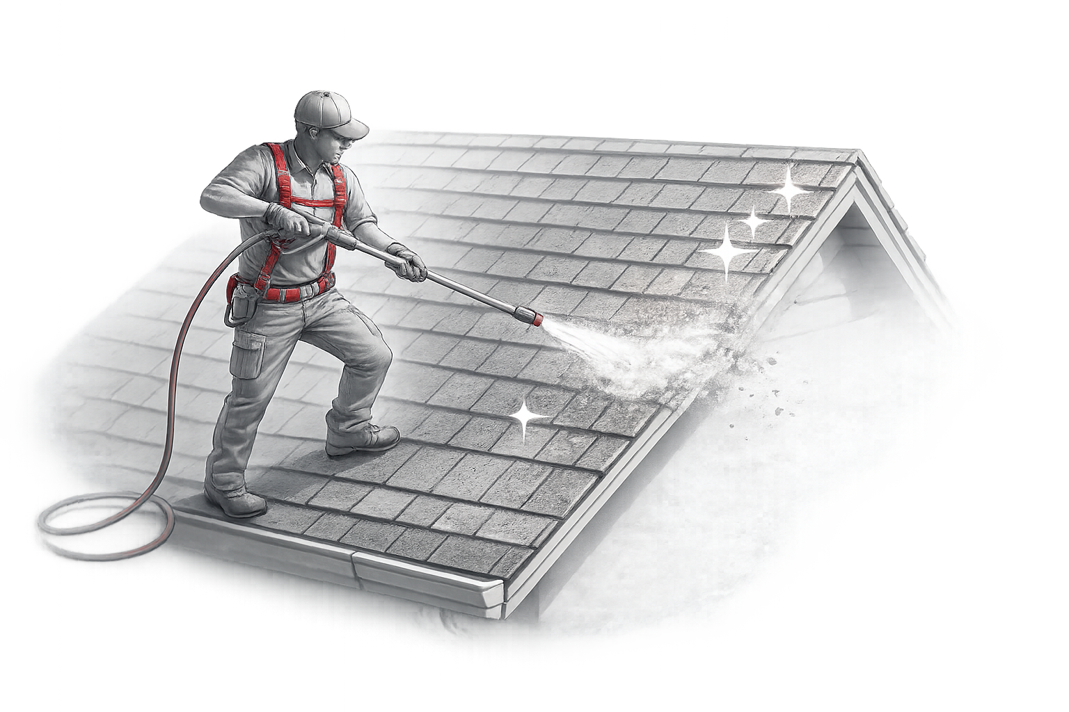 A person wearing work clothes and a safety helmet power washing a roof to clean it.