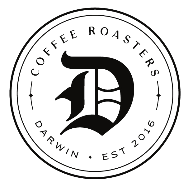 Dark circular logo with a stylized letter D and a bird silhouette, surrounded by text 'Coffee Roasters', 'Darnwin', and 'Est 2016'.