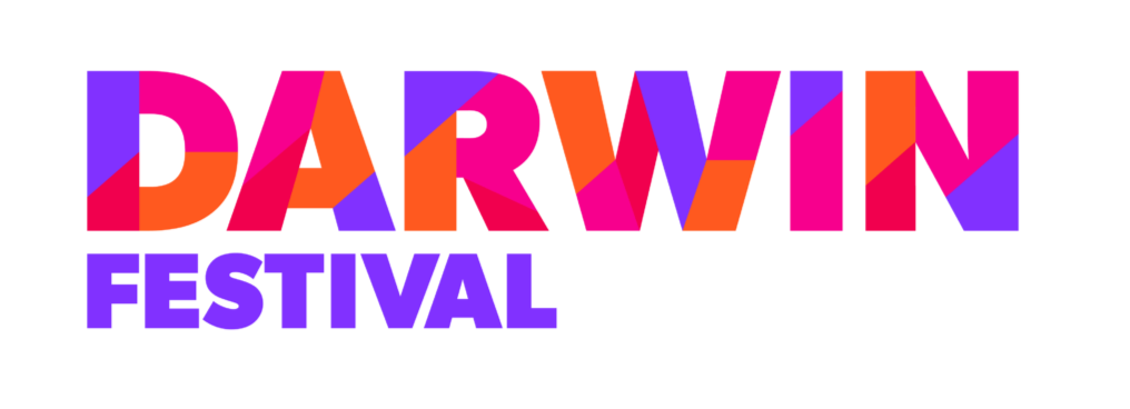 Colorful text that reads 'Darwin Festival' on a black background.