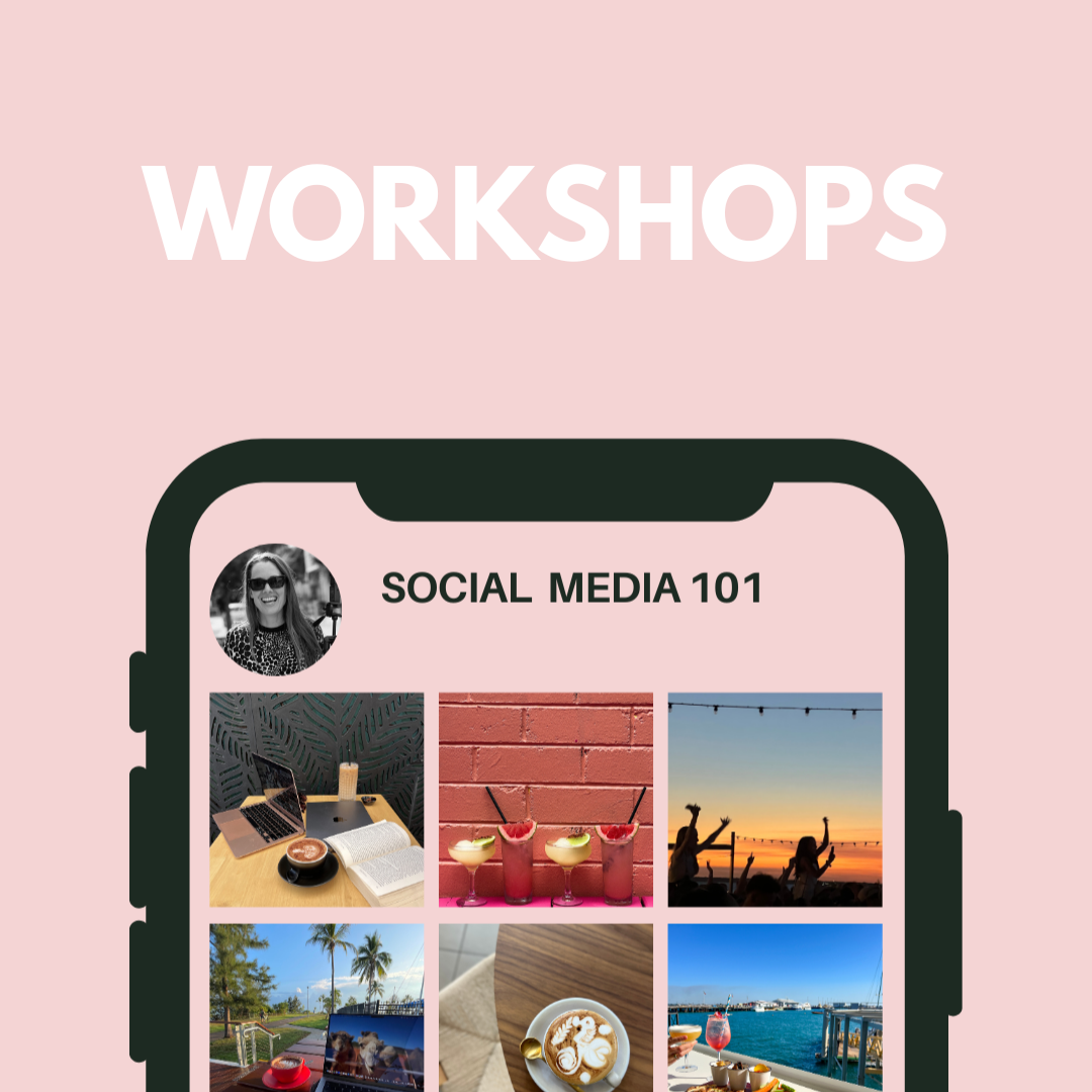 Social media profile with the title 'Social Media 101' and a grid of six photos, including a workspace with a laptop and coffee, colorful drinks against a brick wall, people enjoying sunset on the beach, a scenic waterfront view, a latte with latte a
