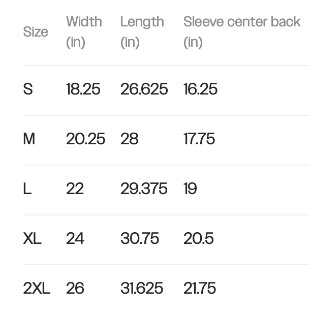 Sizing chart with columns for Size, Width, Length, and Sleeve center back measurements in inches, listing sizes from S to 2XL and their corresponding measurements.