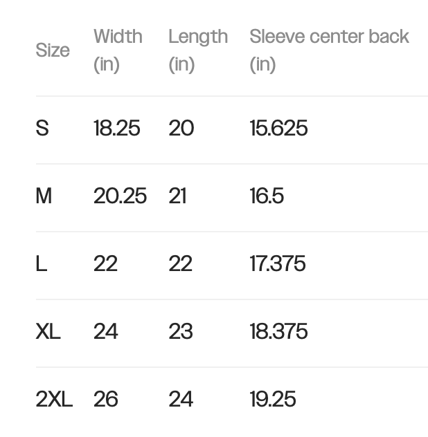 Size chart displaying measurements for small to 2XL sizes, including width, length, and sleeve center back in inches.